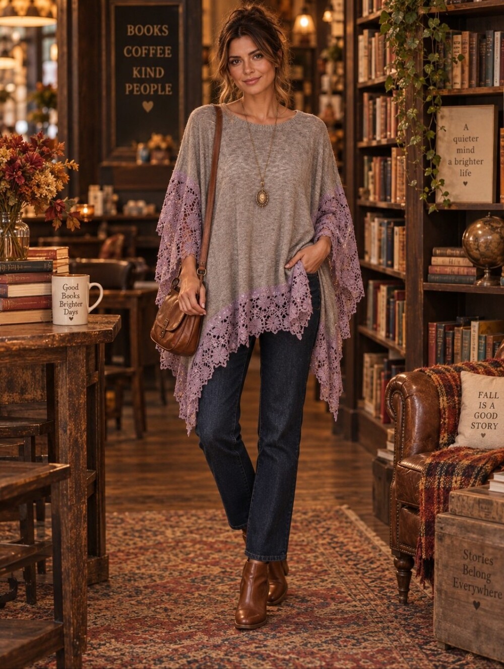 Easel M Oversized Boho Lace Poncho Tunic Handkerchief Hem Taupe Mauve